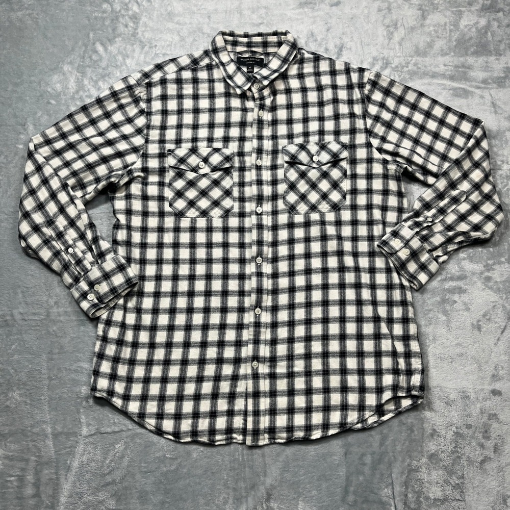 Banana Republic Button‎ Up Shirt Mens XL Black White Plaid Standard Fit